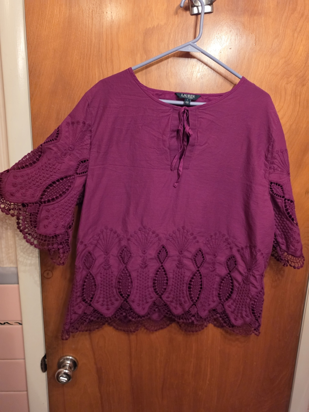 Lauren Ralph Lauren Women's Purple Crochet-Hem Peasant Top